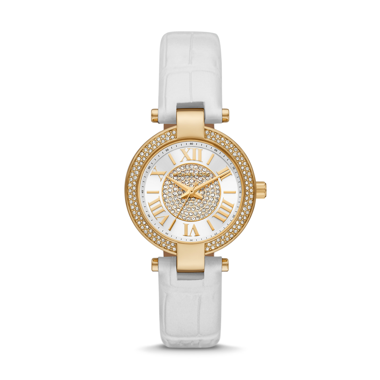 Michael Kors Laney Women’s Gold-Tone Watch | 33mm White Dial with Crystal Bezel and White Genuine Leather Strap (MK2980)