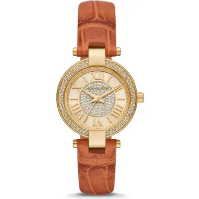 Michael Kors Laney Women’s Gold-Tone Watch | 33mm Gold Dial with Crystal Bezel and Brown Genuine Leather Strap (MK2981)