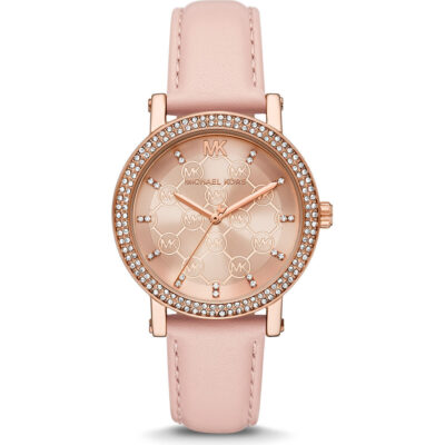 Michael Kors Corey Women’s Rose Gold-Tone Watch | 38mm Rose Gold Dial with Pavé Crystal Bezel and Blush Pink Leather Strap (MK2987)