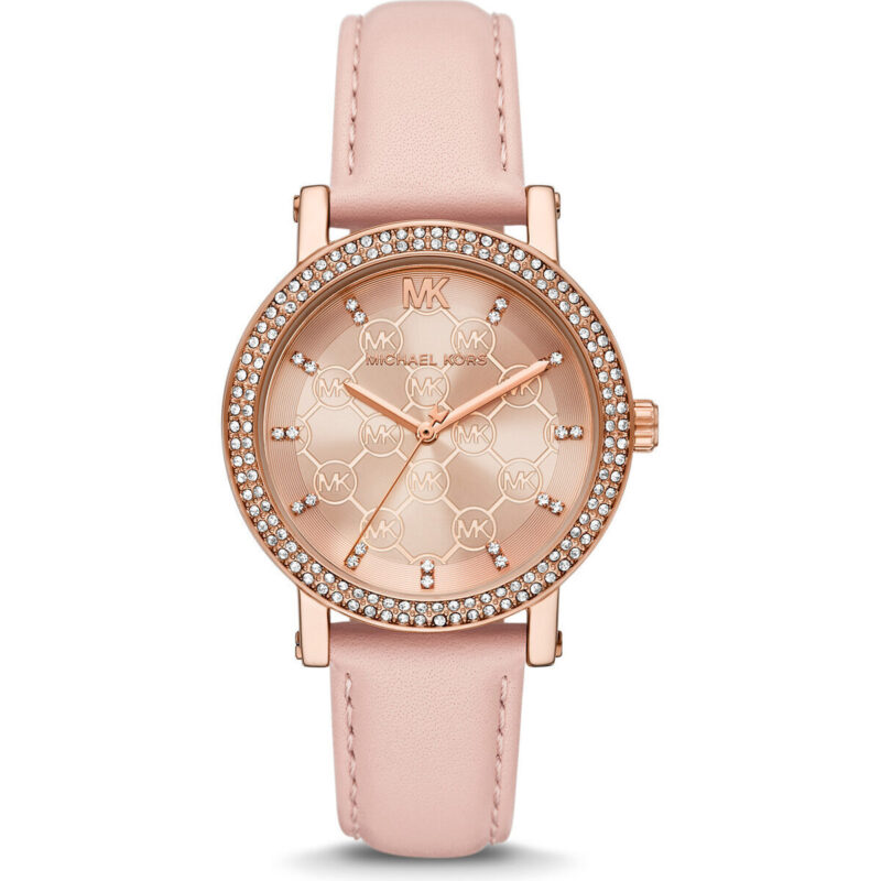 Michael Kors Corey Women’s Rose Gold-Tone Watch | 38mm Rose Gold Dial with Pavé Crystal Bezel and Blush Pink Leather Strap (MK2987)