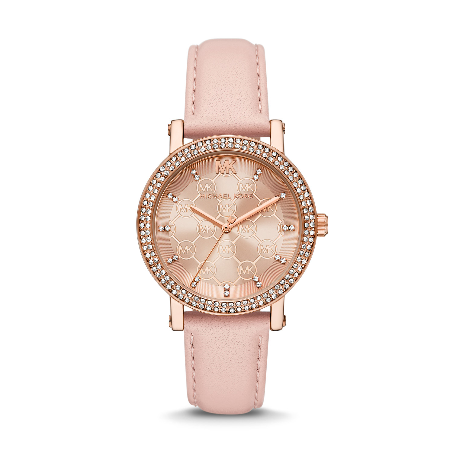 Michael Kors Corey Women’s Rose Gold-Tone Watch | 38mm Rose Gold Dial with Pavé Crystal Bezel and Blush Pink Leather Strap (MK2987)