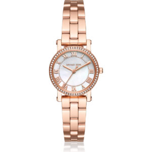 Michael Kors Norie Women’s Rose Gold-Tone Watch | 28mm White Mother of Pearl Dial with Pavé Crystal Bezel and Stainless Steel Bracelet (MK3558)