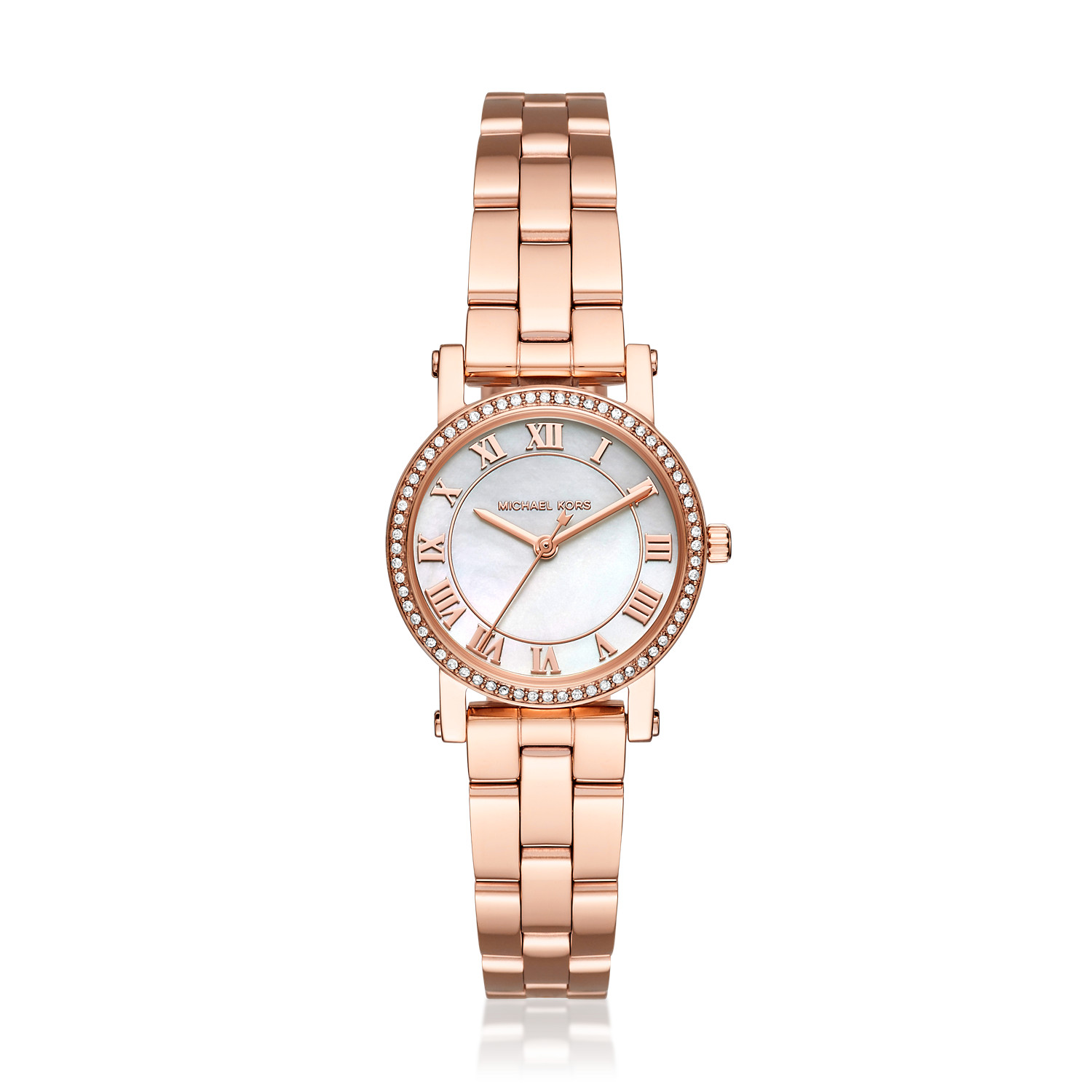 Michael Kors Norie Women’s Rose Gold-Tone Watch | 28mm White Mother of Pearl Dial with Pavé Crystal Bezel and Stainless Steel Bracelet (MK3558)