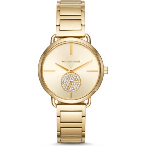 Michael Kors Portia Women’s Gold-Tone Watch | 37mm Gold Sunray Dial with Pavé Crystal Seconds Sub-Dial and Stainless Steel Bracelet (MK3639)