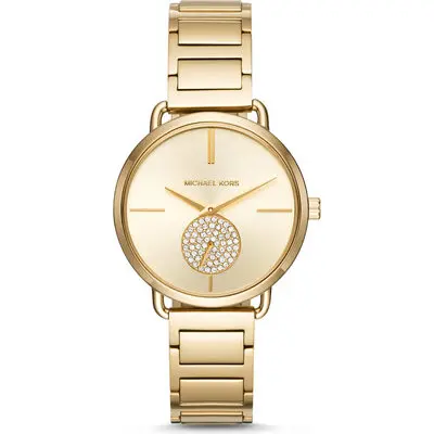 Michael Kors Portia Women’s Gold-Tone Watch | 37mm Gold Sunray Dial with Pavé Crystal Seconds Sub-Dial and Stainless Steel Bracelet (MK3639)