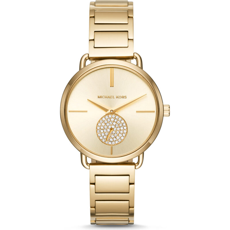 Michael Kors Portia Women’s Gold-Tone Watch | 37mm Gold Sunray Dial with Pavé Crystal Seconds Sub-Dial and Stainless Steel Bracelet (MK3639)