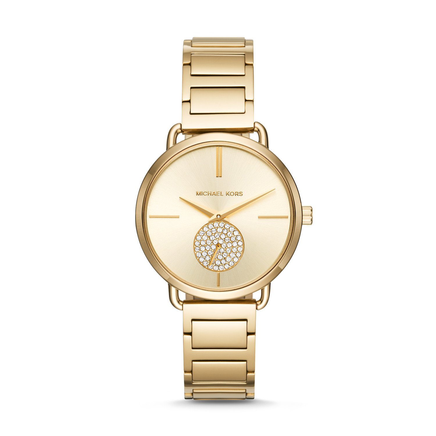 Michael Kors Portia Women’s Gold-Tone Watch | 37mm Gold Sunray Dial with Pavé Crystal Seconds Sub-Dial and Stainless Steel Bracelet (MK3639)