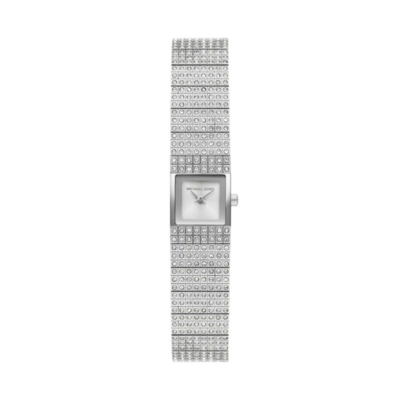 Michael Kors Mini Darrington Women’s Silver-Tone Watch | Pavé Crystal Square Case & Jewellery Bracelet (MK4886)