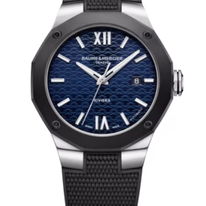 Baume & Mercier Riviera 42mm Automatic Men's Watch with Sandblasted Black ADLC Bezel, Lacquered Blue Wave Dial, and Black Rubber Strap (MOA10768)