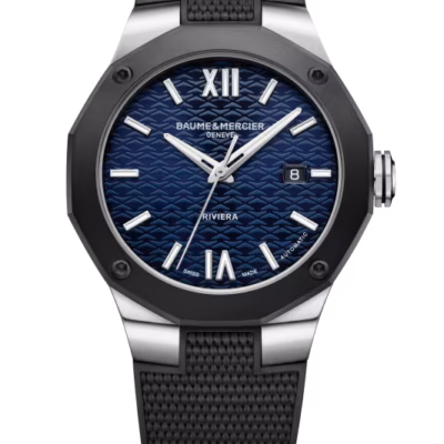 Baume & Mercier Riviera 42mm Automatic Men's Watch with Sandblasted Black ADLC Bezel, Lacquered Blue Wave Dial, and Black Rubber Strap (MOA10768)