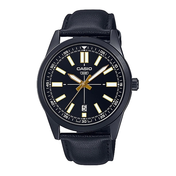 Casio Collection casual date - leather, full black (mtp-vd02bl-1eudf) Men's Watch
