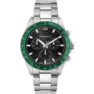 Philip Watch Swiss Made Caribe Sport Chronograph Stainless Steel Black Sunray Dial Quartz R8273607010 100M Men's Watch