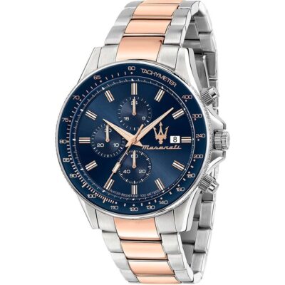 Maserati Watch Men Blue Dial Metal Stainless Steel Silver Rose Gold Two Tone Strap Quartz Battery Analog Chronograph Water Resistant 100 Meters Sfida R8873640012