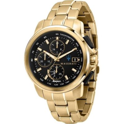 Maserati Watch Men Black Dial Metal Stainless Steel Gold Strap Quartz Battery Analog Chronograph Tachymeter Solar Successo R8873645002