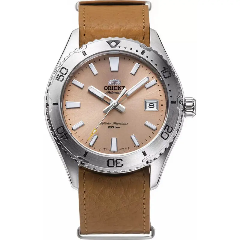 Orient Sports Leather Strap Apricot Dial Automatic Diver's RA-AC0Q05P10B RA-AC0Q05P30B 200M Men's Watch