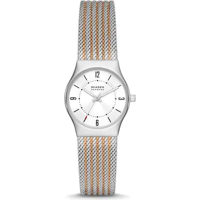 Skagen Grenen Lille 26mm Women’s Watch – Two-Tone Rose Gold & Silver Stainless Steel Mesh, White Silver Sunray Dial (SKW3045)