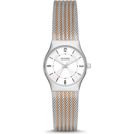 Skagen Grenen Lille 26mm Women’s Watch – Two-Tone Rose Gold & Silver Stainless Steel Mesh, White Silver Sunray Dial (SKW3045)