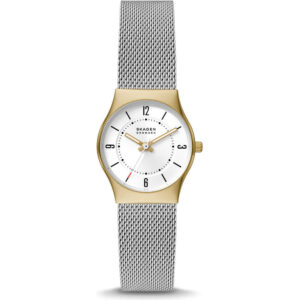 Skagen Grenen Lille 26mm Women’s Watch – Silver-Tone Recycled Stainless Steel Mesh, White Silver Sunray Dial & Hidden Crown (SKW3046)