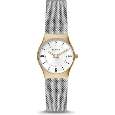 Skagen Grenen Lille 26mm Women’s Watch – Silver-Tone Recycled Stainless Steel Mesh, White Silver Sunray Dial & Hidden Crown (SKW3046)