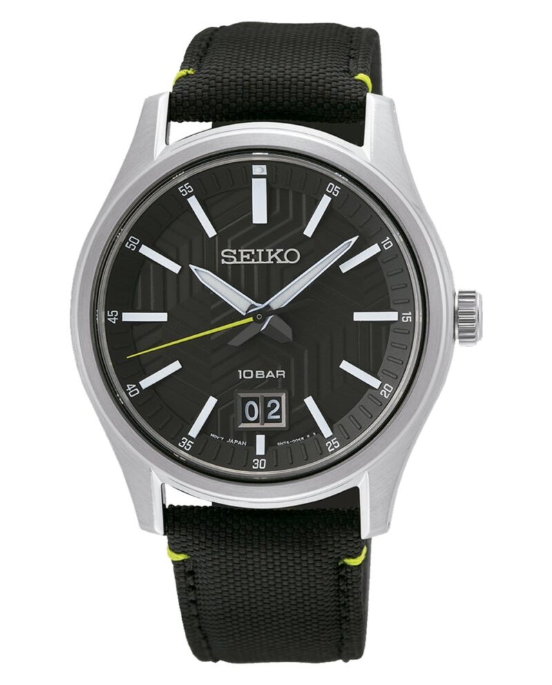 Seiko Big Date Nylon Strap Black Dial Quartz SUR517P1 100M Men's Watch