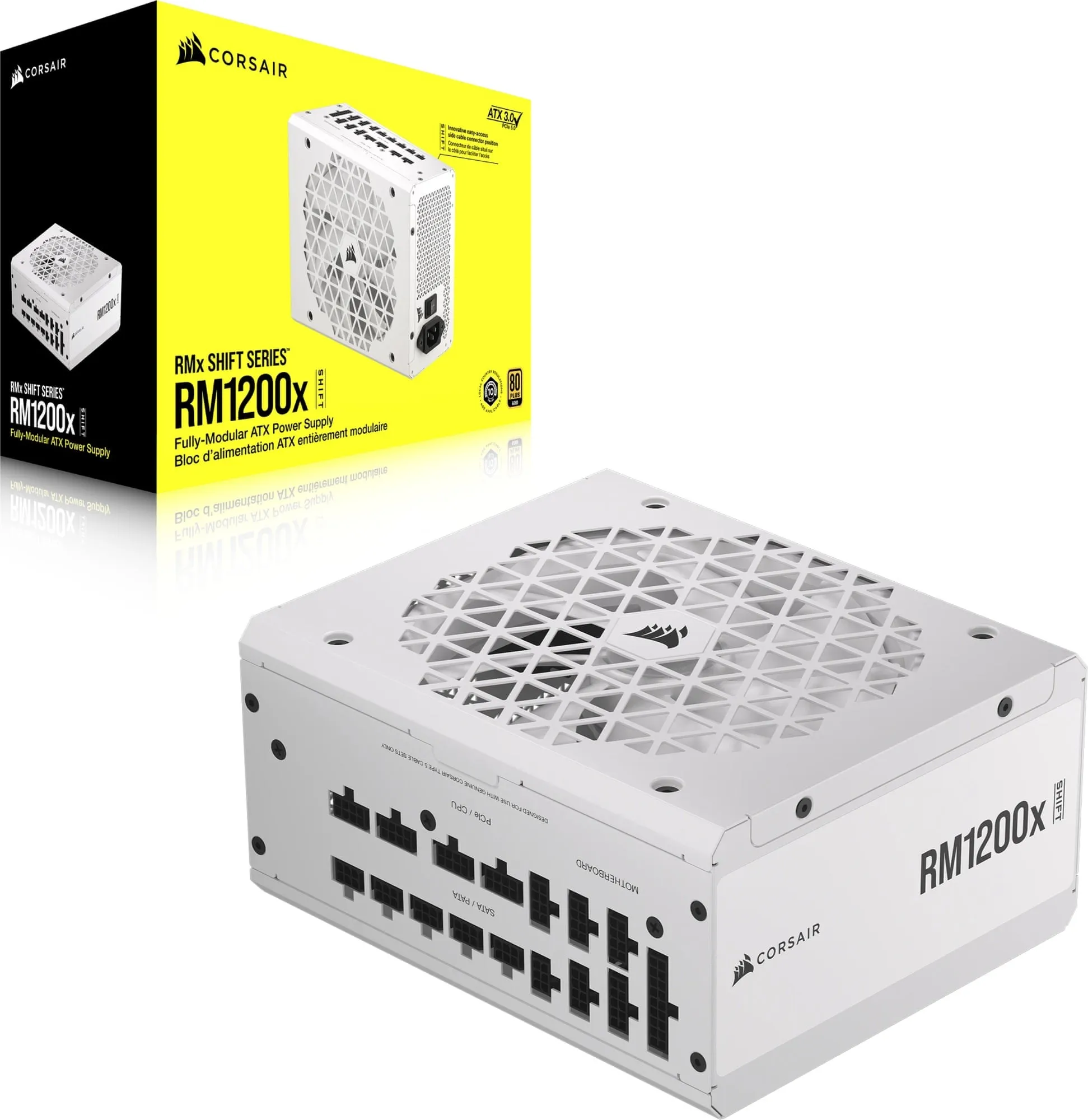 Corsair RM1200x Shift White —1200 Watt 80 PLUS Gold;10yr Warranty. ATX (1); EPS (2);PCI-E (4);12VHPWR (1);PATA (8);SATA (12) 1 Corsair RM1200x Shift White —1200 Watt 80 PLUS Gold;10yr Warranty. ATX (1); EPS (2);PCI-E (4);12VHPWR (1);PATA (8);SATA (12)