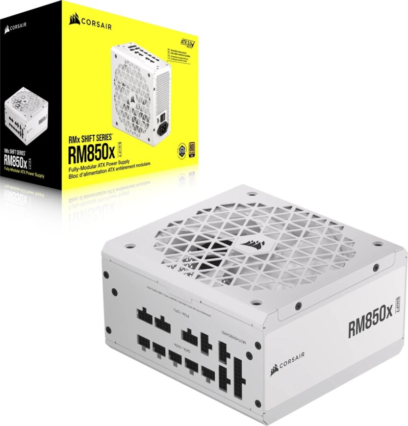 rmx-shift-white-850w-1_2k39 Corsair RM850x Shift White — 850 Watt 80 PLUS Gold;10yr Warranty. ATX (1); EPS (2); PCI-E (4);12VHPWR (1); PATA (8);SATA (12)