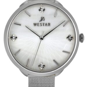 Westar Zing Crystal Accents Stainless Steel Mesh White Mother Of Pearl Dial Quartz 00128STN11 Women's Watch