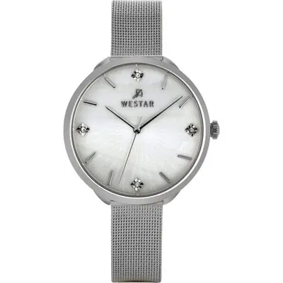 Westar Zing Crystal Accents Stainless Steel Mesh White Mother Of Pearl Dial Quartz 00128STN11 Women's Watch