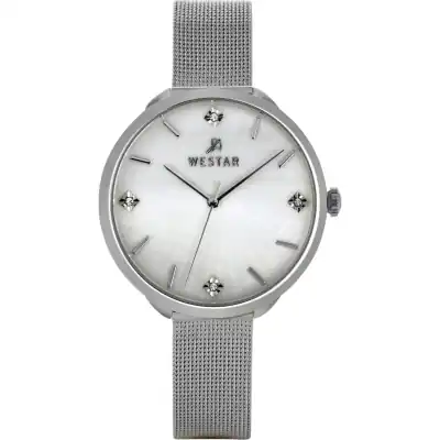 Westar Zing Crystal Accents Stainless Steel Mesh White Mother Of Pearl Dial Quartz 00128STN11 Women's Watch