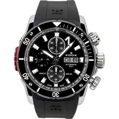 Edox CO-1 Chronograph Rubber Strap Black Dial Automatic Diver's 01128-3NRCA-NN 500M Men's Watch