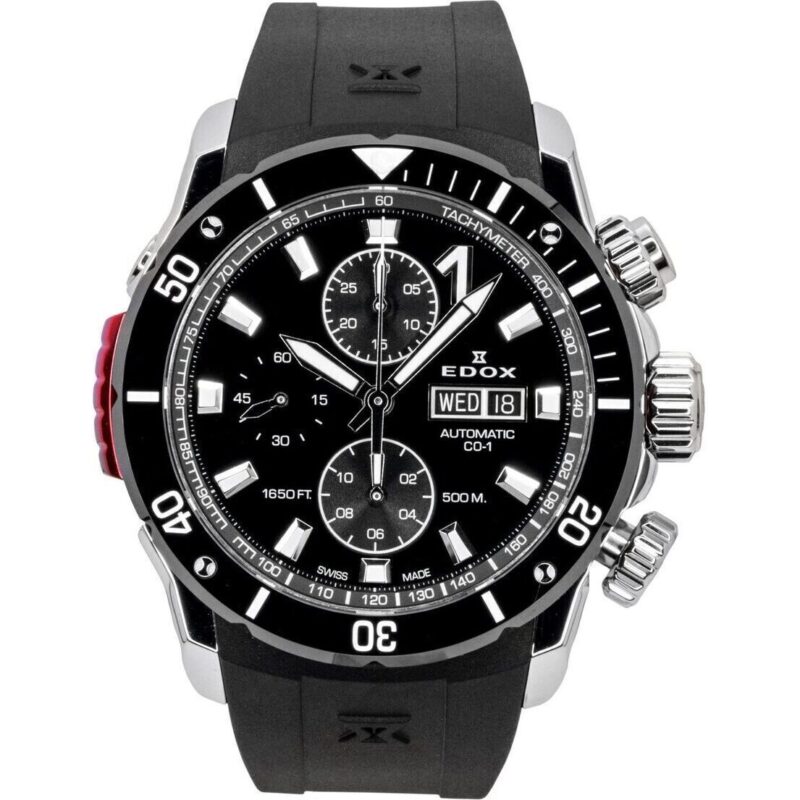 Edox CO-1 Chronograph Rubber Strap Black Dial Automatic Diver's 01128-3NRCA-NN 500M Men's Watch Edox CO-1 Chronograph Rubber Strap Black Dial Automatic Diver's 01128-3NRCA-NN 500M Men's Watch