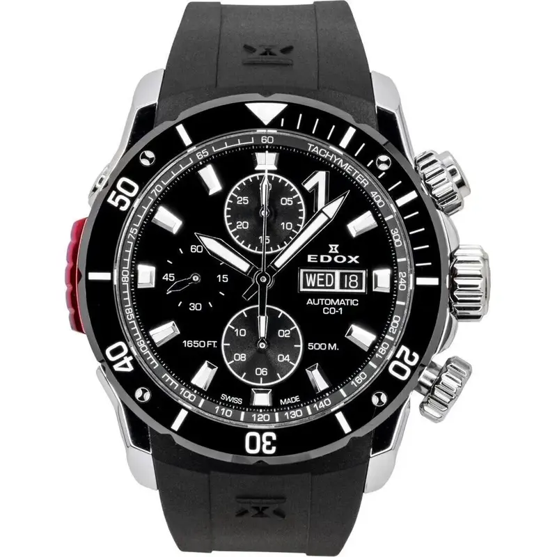 Edox CO-1 Chronograph Rubber Strap Black Dial Automatic Diver's 01128-3NRCA-NN 500M Men's Watch
