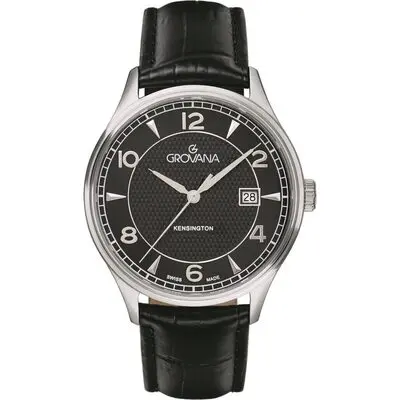 Grovana Kensington Leather Strap Black Dial Quartz 1305.1537 Men's Watch