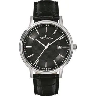 Grovana Kensington Traditional Leather Strap Black Dial Quartz 1550.1534 Men's Watch