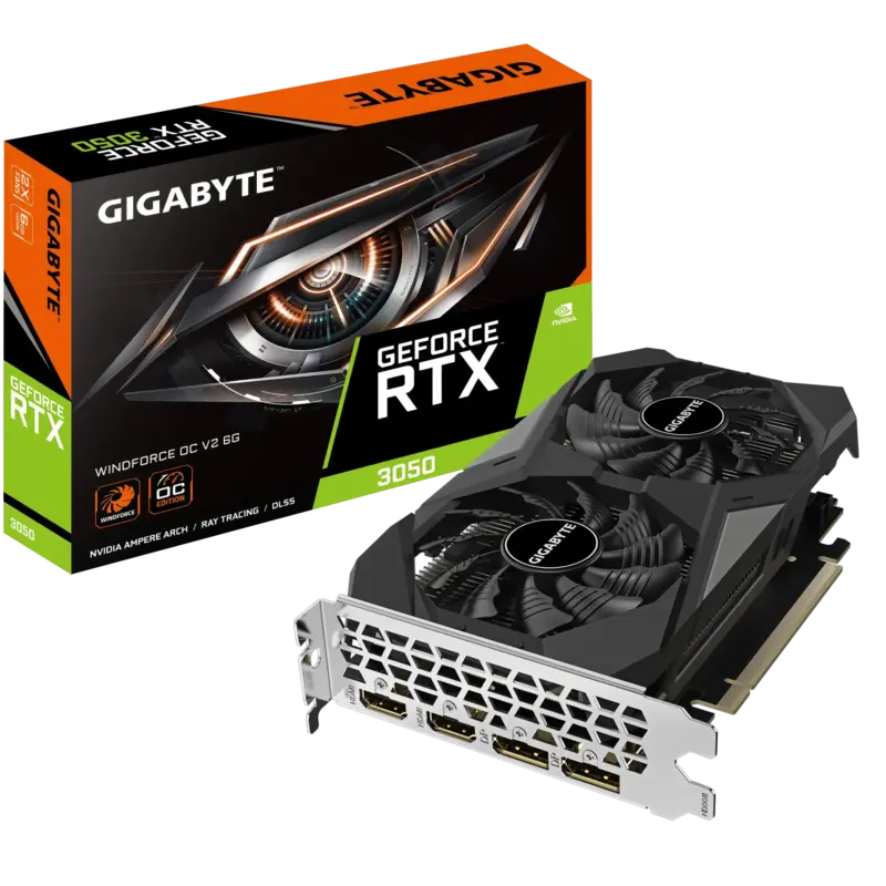 GIGABYTE nVidia GeForce RTX 3050 Windfore OC - 6GB GDDR6; 96-Bit Memory Bus; PCI Express 4.0; 2x HDMI; 2x DisplayPort.