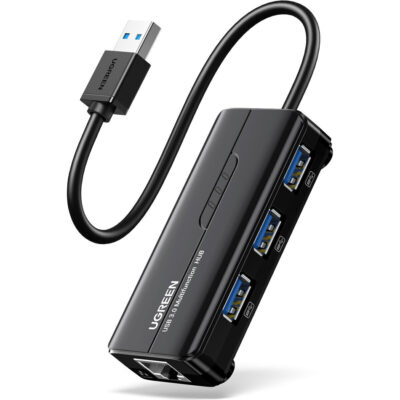 UGreen USB Type-A Male to Ethernet Adapter with 3-Port USB Hub – Black