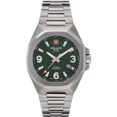 Swiss Alpine Military Typhoon Stainless Steel Green Dial Quartz 7005.1134 100M Men's Watch