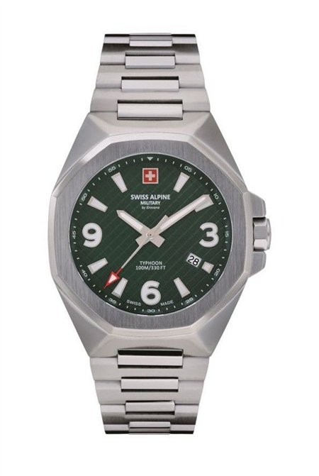 Swiss Alpine Military Typhoon Stainless Steel Green Dial Quartz 7005.1134 100M Men's Watch