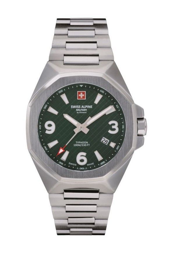 Swiss Alpine Military Typhoon Stainless Steel Green Dial Quartz 7005.1134 100M Men's Watch