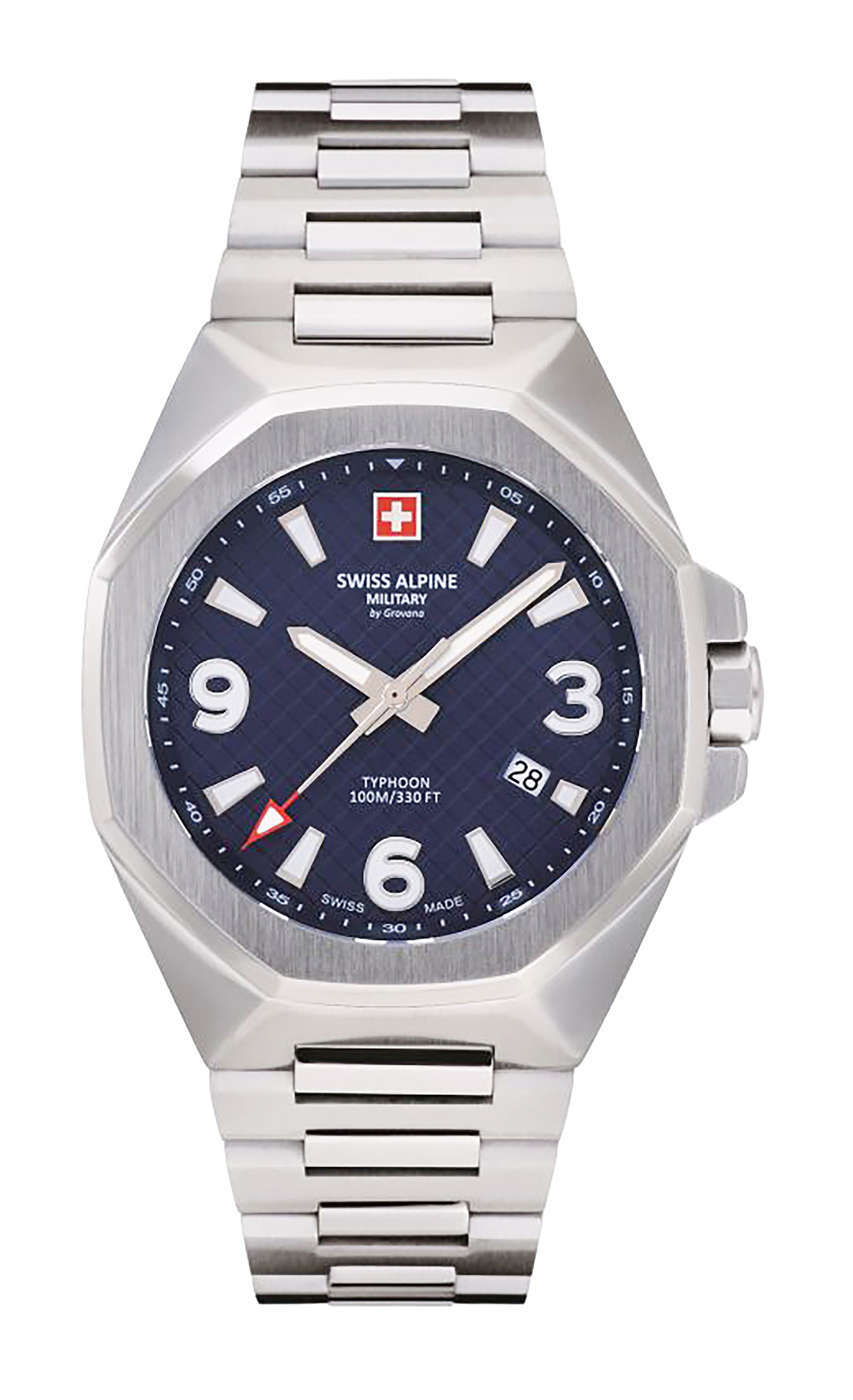 Swiss Alpine Military Typhoon Stainless Steel Blue Dial Quartz 7005.1135 100M Men's Watch