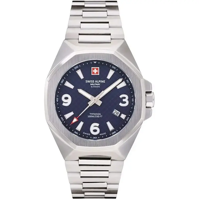 Swiss Alpine Military Typhoon Stainless Steel Blue Dial Quartz 7005.1135 100M Men's Watch