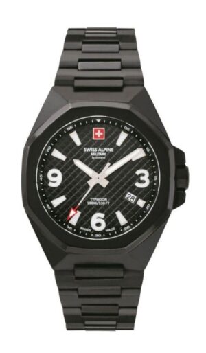 Swiss Alpine Military Typhoon Stainless Steel Black Dial Quartz 7005.1177 100M Men's Watch