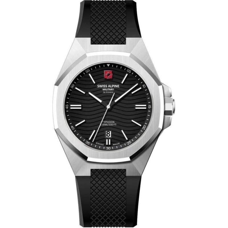 Swiss Alpine Military Typhoon Silicone Strap Black Dial Quartz 7006.1837 100M Men's Watch