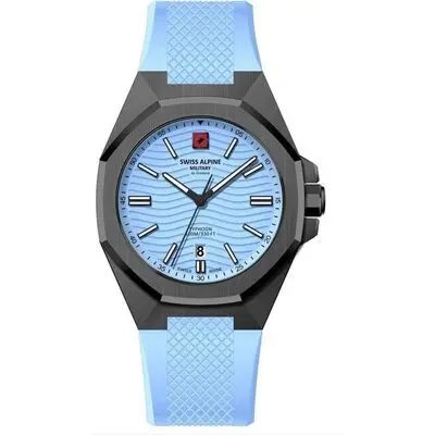 Swiss Alpine Military Typhoon Silicone Strap Light Blue Dial Quartz 7006.1871 100M Men's Watch