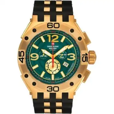 Swiss Alpine Military Aviator Supersize Chronograph Rubber Strap Green Dial Quartz 7033.9814 100M Men's Watch Swiss Alpine Military Aviator Supersize Chronograph Rubber Strap Green Dial Quartz 7033.9814 100M Men's Watch