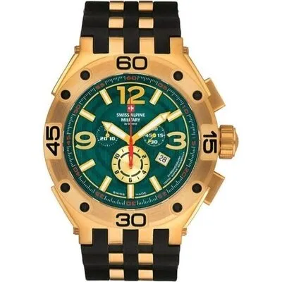 Swiss Alpine Military Aviator Supersize Chronograph Rubber Strap Green Dial Quartz 7033.9814 100M Men's Watch