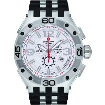 Swiss Alpine Military Aviator Supersize Chronograph Rubber Strap Silver Dial Quartz 7033.9832 100M Men's Watch
