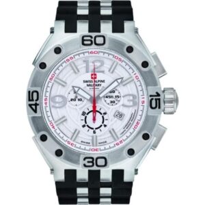 Swiss Alpine Military Aviator Supersize Chronograph Rubber Strap Silver Dial Quartz 7033.9832 100M Men's Watch