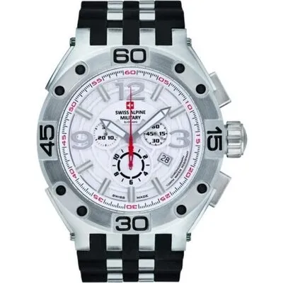 Swiss Alpine Military Aviator Supersize Chronograph Rubber Strap Silver Dial Quartz 7033.9832 100M Men's Watch