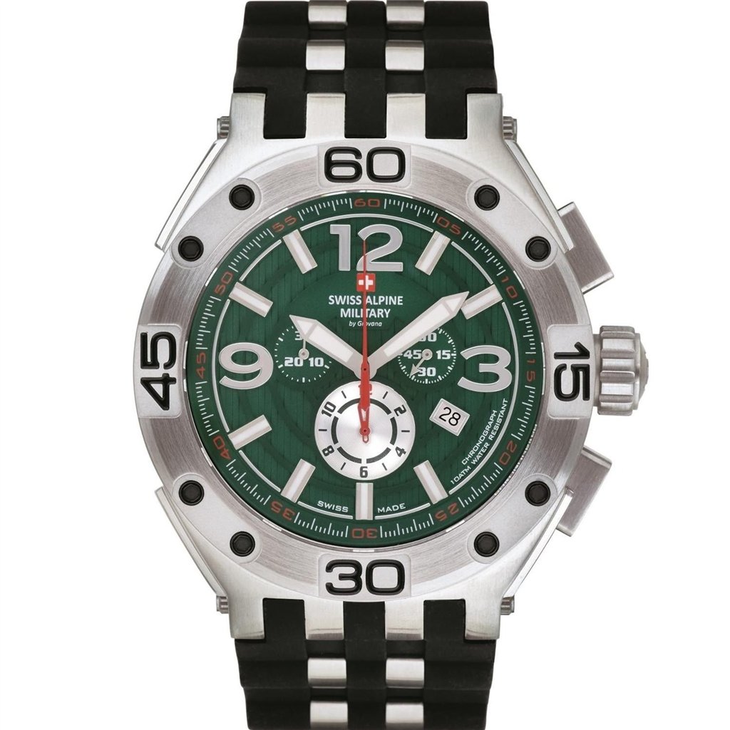 Swiss Alpine Military Aviator Supersize Chronograph Rubber Strap Green Dial Quartz 7033.9834 100M Men's Watch Swiss Alpine Military Aviator Supersize Chronograph Rubber Strap Green Dial Quartz 7033.9834 100M Men's Watch
